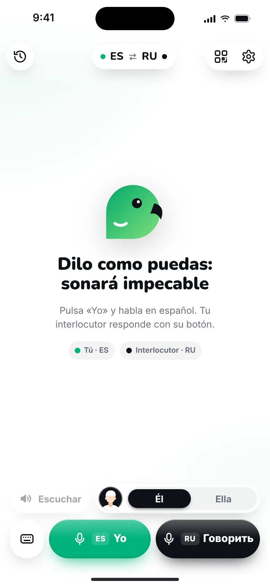 Pantalla principal de Parrlo Translate: botones «Yo» y «Hablar» para dos interlocutores